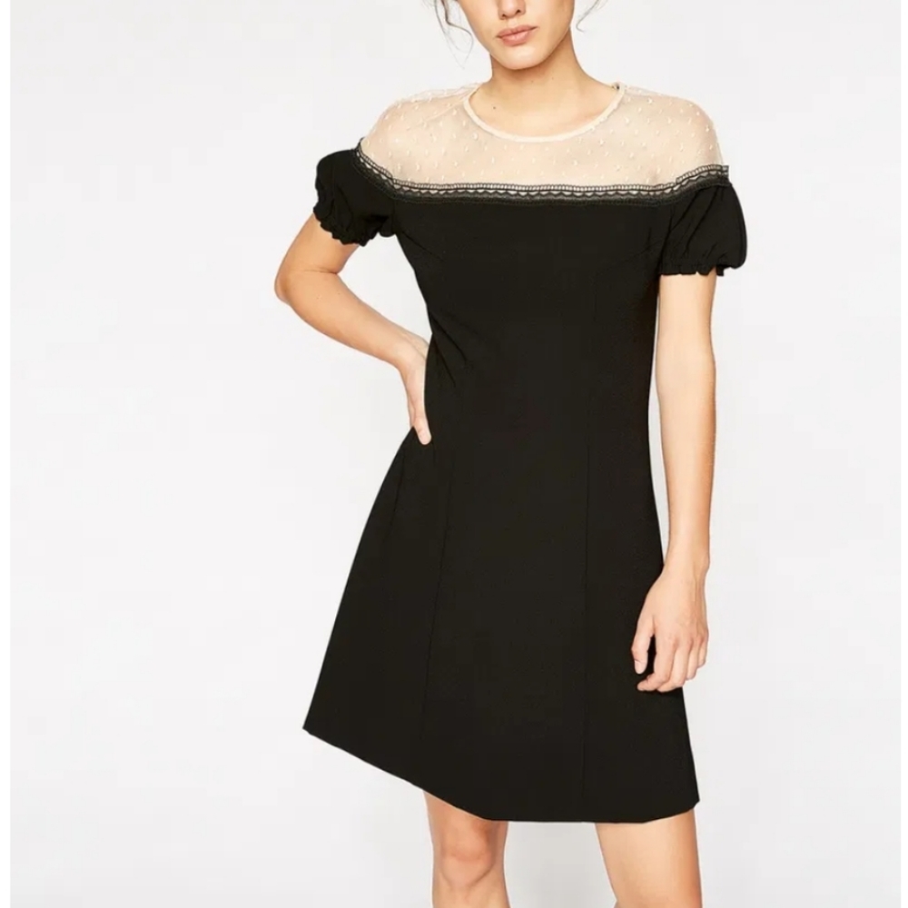 NWT The Kooples Straight Two-Tone Dress Romantic Crepe Mini Mesh Black Size XXS